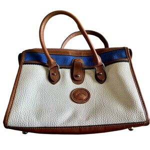 Dooney & Bourke Blue White Brown Pebble Leather Pocket Satchel Bag Handbag Purse